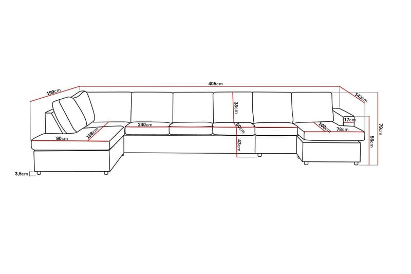 Crazy 6-seters Venstrevendt U-formet XX-Large Sofa med Divan og Sjeselong i Stoff - Antrasitt - Møbler - Sofaer - U-sofa