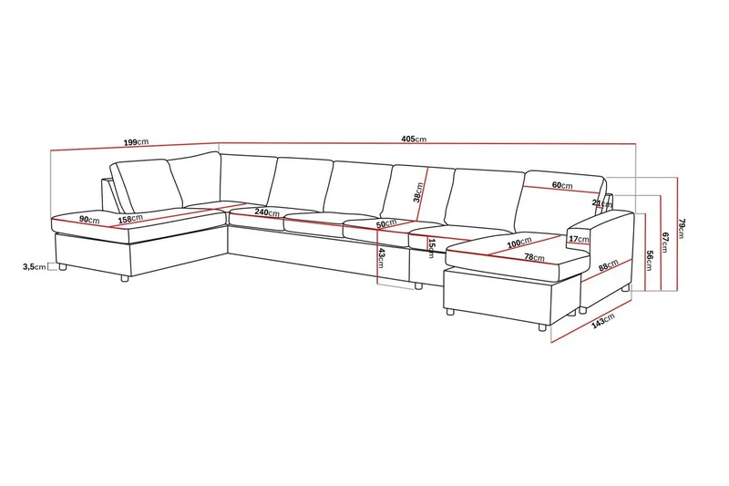 Crazy 6-seters Venstrevendt U-formet XX-Large Sofa med Divan og Sjeselong i Stoff - Antrasitt - Møbler - Sofaer - U-sofa