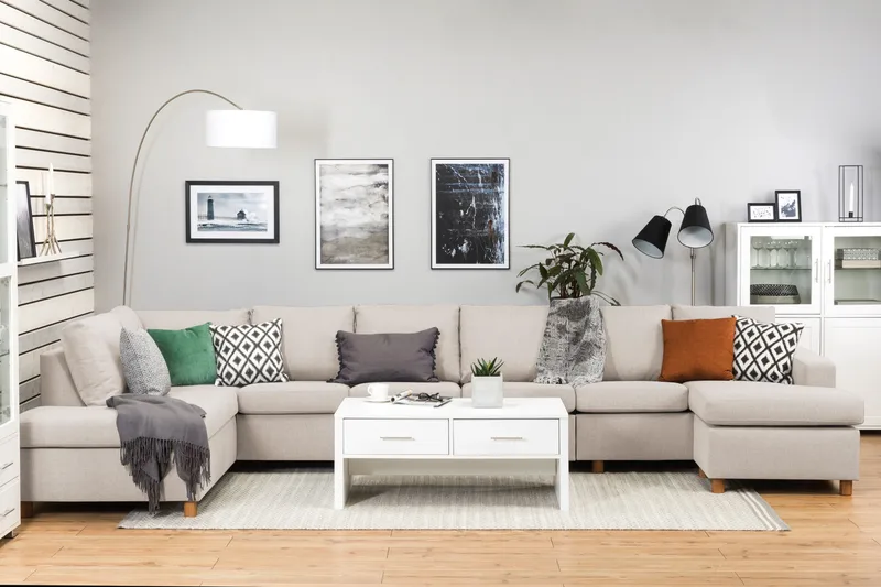 Crazy 6-seters Venstrevendt U-formet XX-Large Sofa med Divan og Sjeselong i Stoff - Beige - Møbler - Sofaer - U-sofa