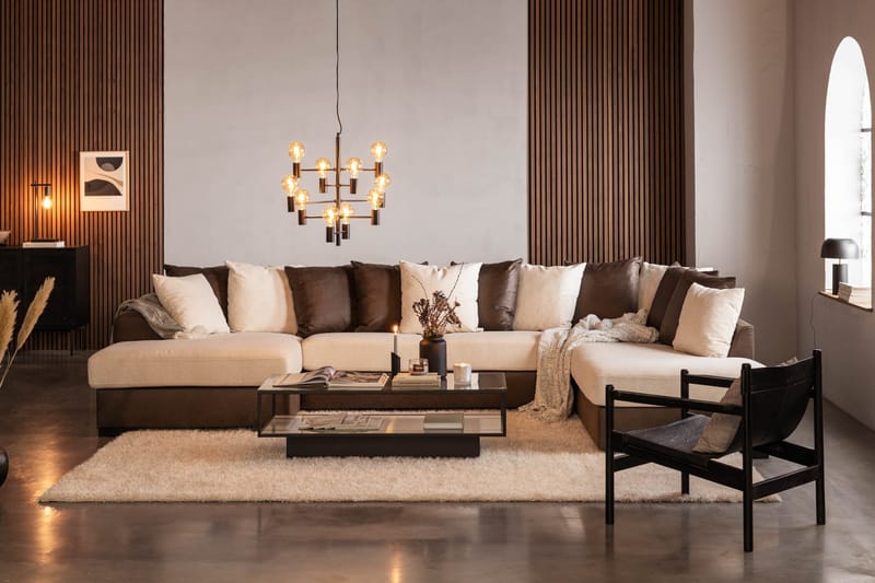 Cuba 5-seters Høyrevendt U-formet Sofa med Divan og Sjeselong i Kunstlær/Stoff inkl. Pynteputer - Brun / Beige - Møbler - Sofaer - U-sofa