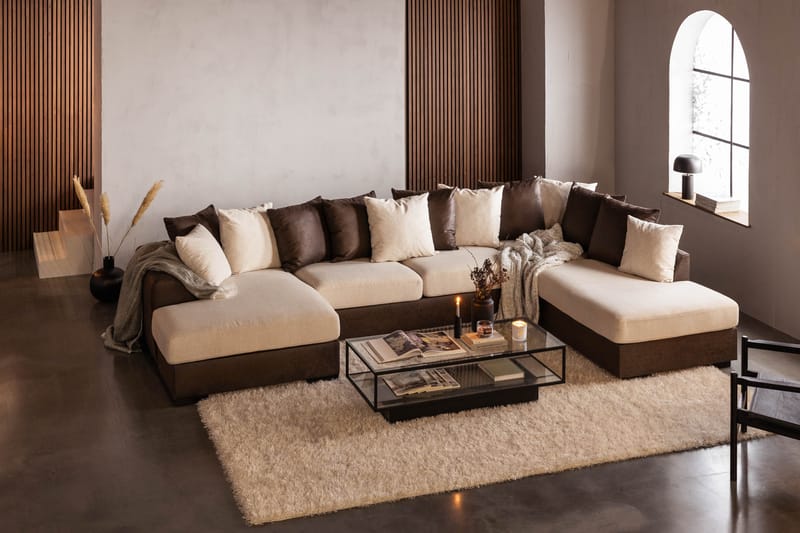 Cuba 5-seters Høyrevendt U-formet Sofa med Divan og Sjeselong i Kunstlær/Stoff inkl. Pynteputer - Brun / Beige - Møbler - Sofaer - U-sofa