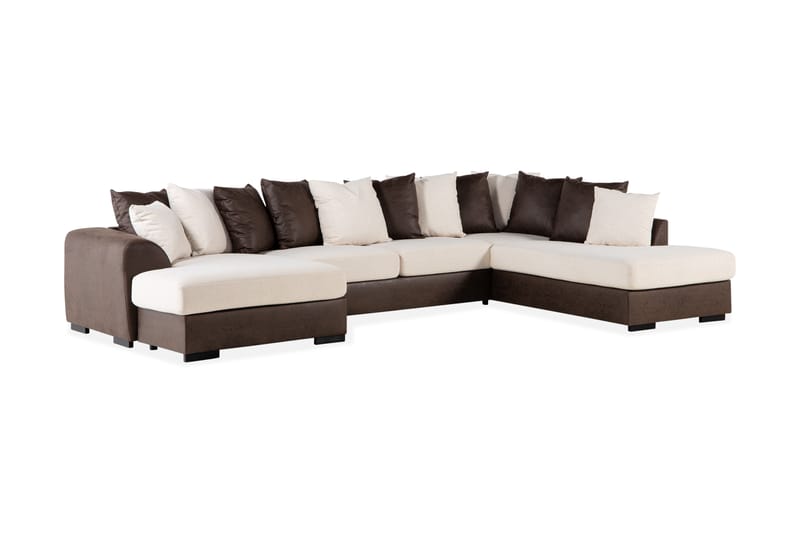 Cuba 5-seters Høyrevendt U-formet Sofa med Divan og Sjeselong i Kunstlær/Stoff inkl. Pynteputer - Brun / Beige - Møbler - Sofaer - U-sofa