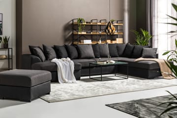 Cuba 5-seters Høyrevendt U-formet Sofa med Divan og Sjeselong i Kunstlær/Stoff inkl. Pynteputer - Svart / Grå - Møbler - Sofaer - U-sofa