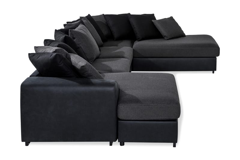 Cuba 5-seters Høyrevendt U-formet Sofa med Divan og Sjeselong i Kunstlær/Stoff inkl. Pynteputer - Svart / Grå - Møbler - Sofaer - U-sofa