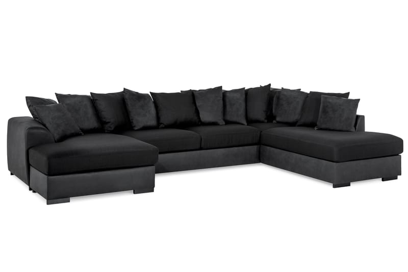 Cuba 5-seters Høyrevendt U-formet Sofa med Divan og Sjeselong i Kunstlær/Stoff inkl. Pynteputer - Grå / Svart - Møbler - Sofaer - U-sofa