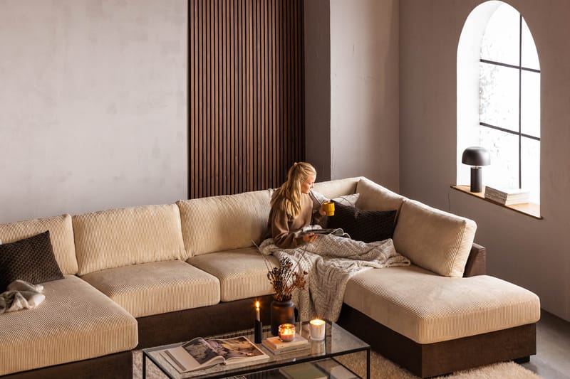 Cuba 5-seters Høyrevendt U-formet Sofa med Divan og Sjeselong i Manchester/Kunstlær - Brun / Beige - Møbler - Sofaer - U-sofa