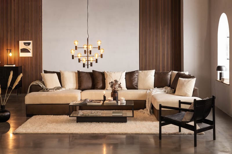 Cuba 5-seters Høyrevendt U-formet Sofa med Divan og Sjeselong i Manchester/Kunstlær inkl. Pynteputer - Brun / Beige - Møbler - Sofaer - U-sofa