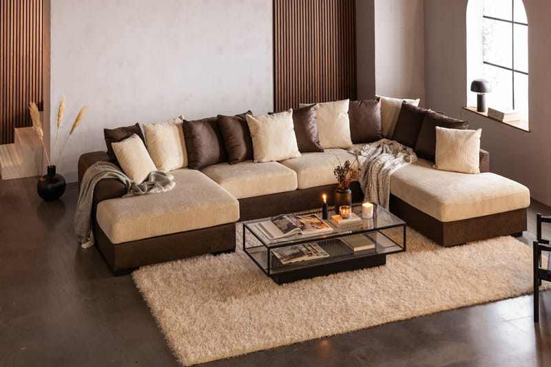 Cuba 5-seters Høyrevendt U-formet Sofa med Divan og Sjeselong i Manchester/Kunstlær inkl. Pynteputer - Brun / Beige - Møbler - Sofaer - U-sofa