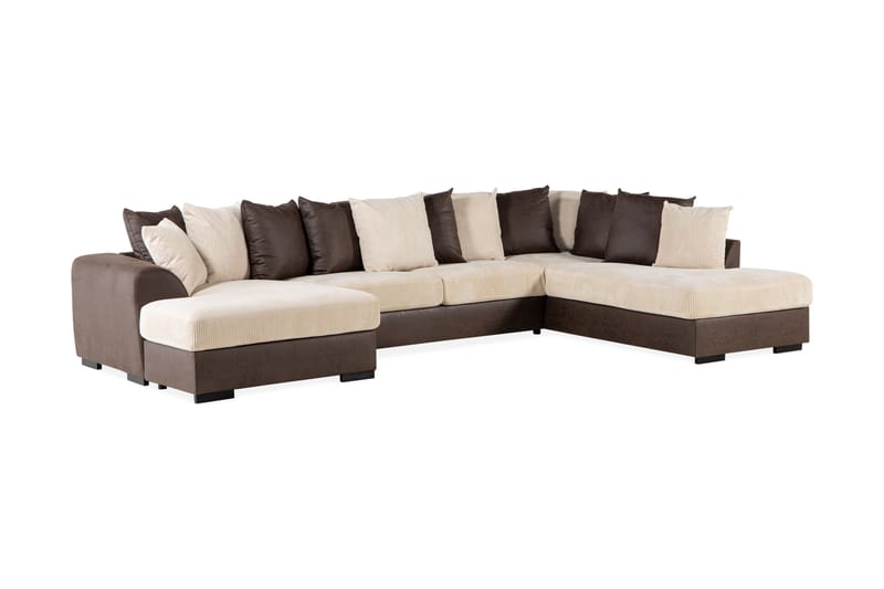 Cuba 5-seters Høyrevendt U-formet Sofa med Divan og Sjeselong i Manchester/Kunstlær inkl. Pynteputer - Brun / Beige - Møbler - Sofaer - U-sofa