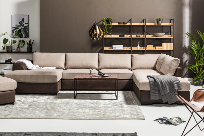 Cuba 5-seters Venstrevendt U-formet Large Sofa med Divan og Sjeselong i Kunstlær/Stoff - Brun / Beige - Møbler - Sofaer - U-sofa