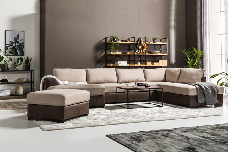 Cuba 5-seters Venstrevendt U-formet Large Sofa med Divan og Sjeselong i Kunstlær/Stoff - Brun / Beige - Møbler - Sofaer - U-sofa