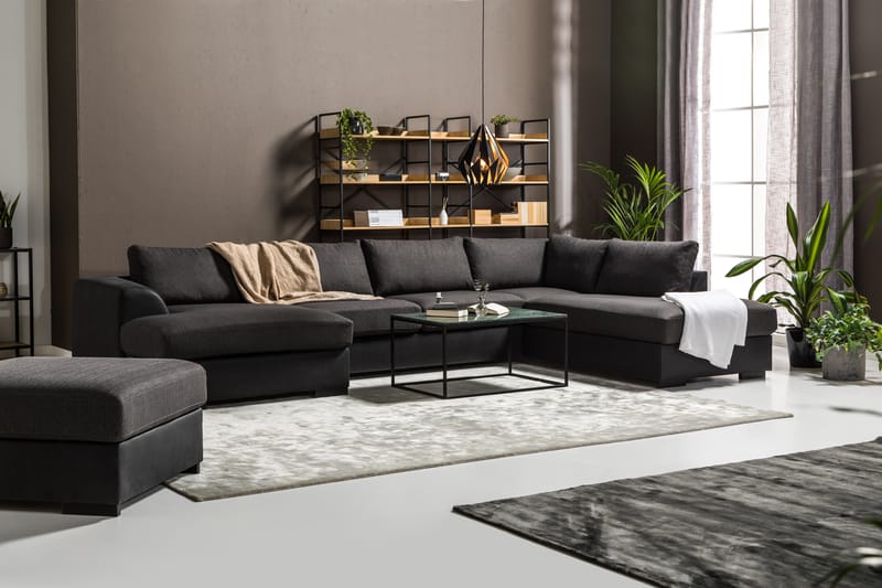 Cuba 5-seters Venstrevendt U-formet Large Sofa med Divan og Sjeselong i Kunstlær/Stoff - Svart / Grå - Møbler - Sofaer - U-sofa
