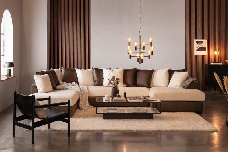 Cuba 5-seters Venstrevendt U-formet Sofa med Divan og Sjeselong i Kunstlær/Stoff inkl. Pynteputer - Brun / Beige - Møbler - Sofaer - U-sofa