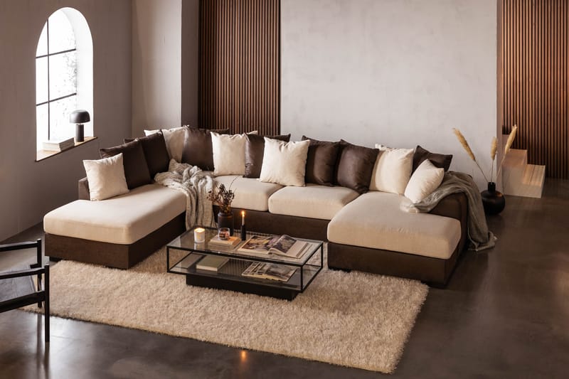 Cuba 5-seters Venstrevendt U-formet Sofa med Divan og Sjeselong i Kunstlær/Stoff inkl. Pynteputer - Brun / Beige - Møbler - Sofaer - U-sofa