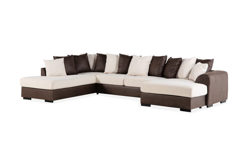 Cuba 5-seters Venstrevendt U-formet Sofa med Divan og Sjeselong i Kunstlær/Stoff inkl. Pynteputer - Brun / Beige - Møbler - Sofaer - U-sofa