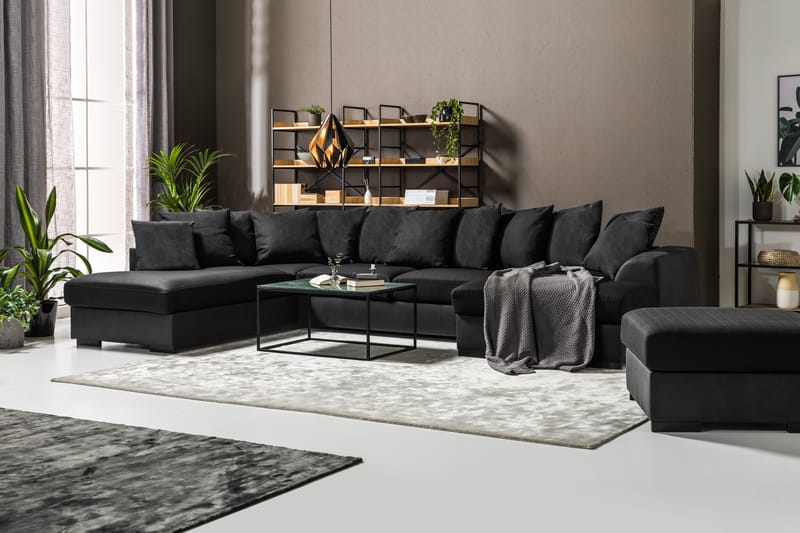 Cuba 5-seters Venstrevendt U-formet Sofa med Divan og Sjeselong i Kunstlær/Stoff inkl. Pynteputer - Grå / Svart - Møbler - Sofaer - U-sofa