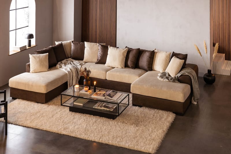 Cuba 5-seters Venstrevendt U-formet Sofa med Divan og Sjeselong i Manchester/Kunstlær inkl. Pynteputer - Brun / Beige - Møbler - Sofaer - U-sofa