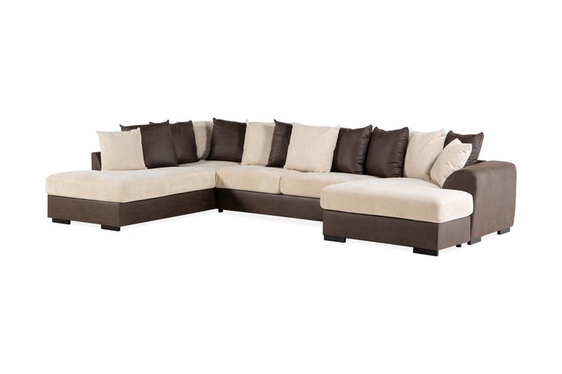 Cuba 5-seters Venstrevendt U-formet Sofa med Divan og Sjeselong i Manchester/Kunstlær inkl. Pynteputer - Brun / Beige - Møbler - Sofaer - U-sofa