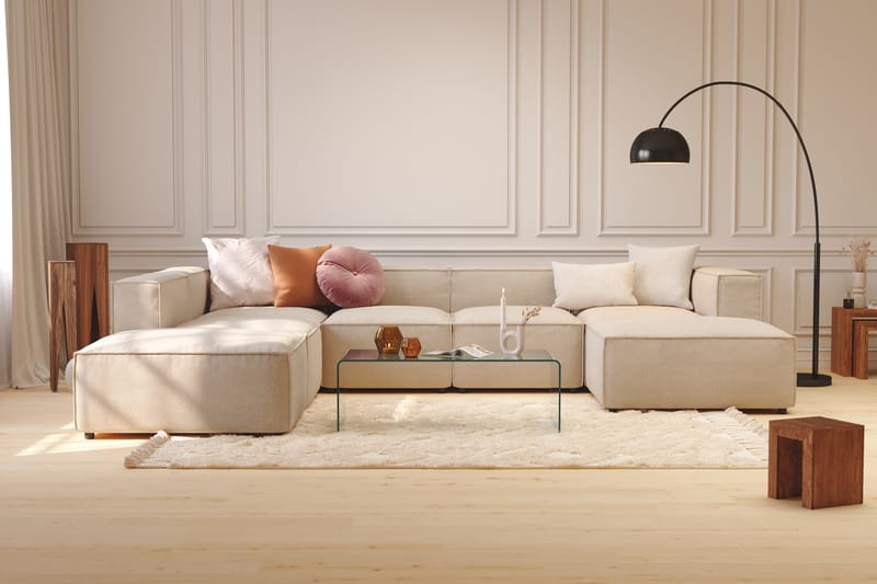 Cubo 5-seters U-formet Dyp Modulsofa med Divan og Sjeselong i Fløyel - Beige - Møbler - Sofaer - U-sofa