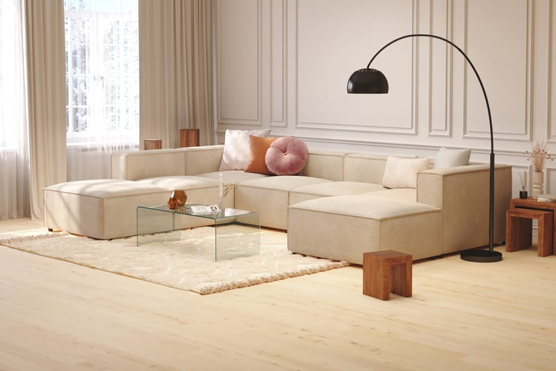 Cubo 5-seters U-formet Dyp Modulsofa med Divan og Sjeselong i Fløyel - Beige - Møbler - Sofaer - U-sofa