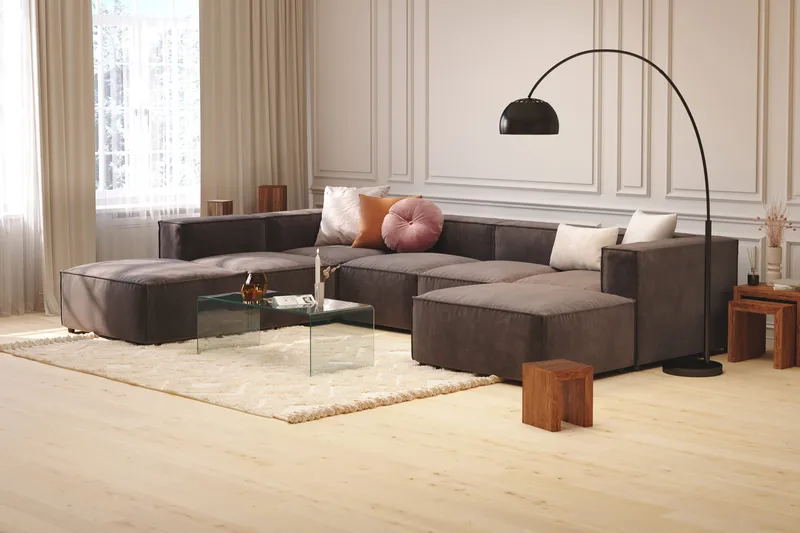 Cubo 5-seters U-formet Dyp Modulsofa med Divan og Sjeselong i Fløyel - Mørk grå - Møbler - Sofaer - Fløyelssofaer