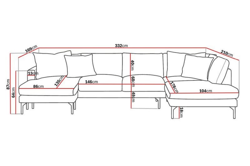 Menard 4-seters Høyrevendt Stor U-formet Dyp Sofa med Divan og Sjeselong i Stoff - Grå - Møbler - Sofaer - U-sofa