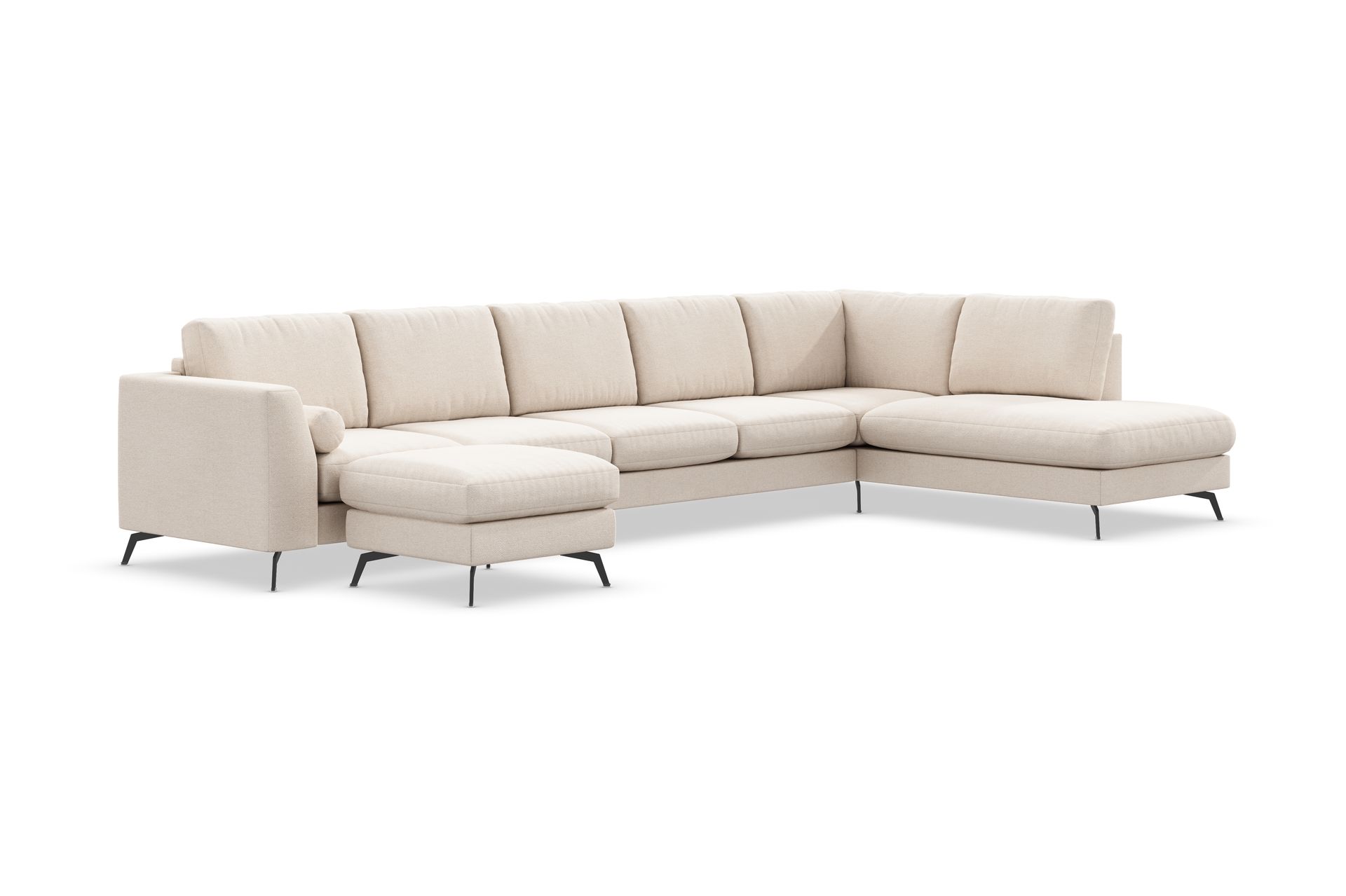 Ocean Lyx 6-seters Høyrevendt U-formet Sofa med Divan og Sjeselong + Fotskammel i Stoff - Beige - Møbler - Sofaer - Sofaer med sjeselong