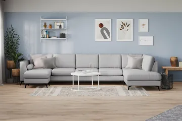 Ocean Lyx 6-seters Høyrevendt U-formet Sofa med Divan og Sjeselong + Fotskammel i Stoff - Grå - Møbler - Sofaer - U-sofa