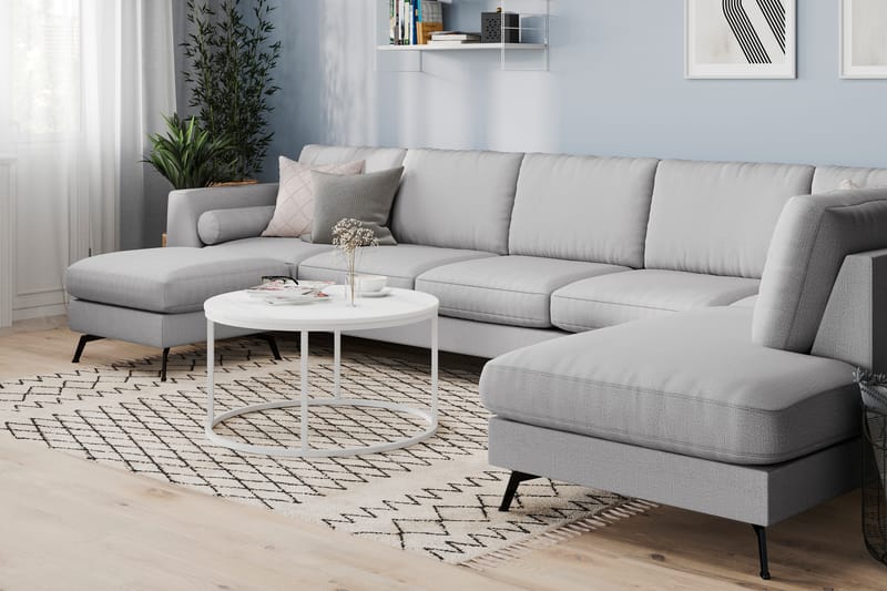 Ocean Lyx 6-seters H�øyrevendt U-formet Sofa med Divan og Sjeselong + Fotskammel i Stoff - Grå - Møbler - Sofaer - U-sofa