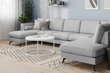 Ocean Lyx 6-seters Høyrevendt U-formet Sofa med Divan og Sjeselong + Fotskammel i Stoff - Grå - Møbler - Sofaer - U-sofa