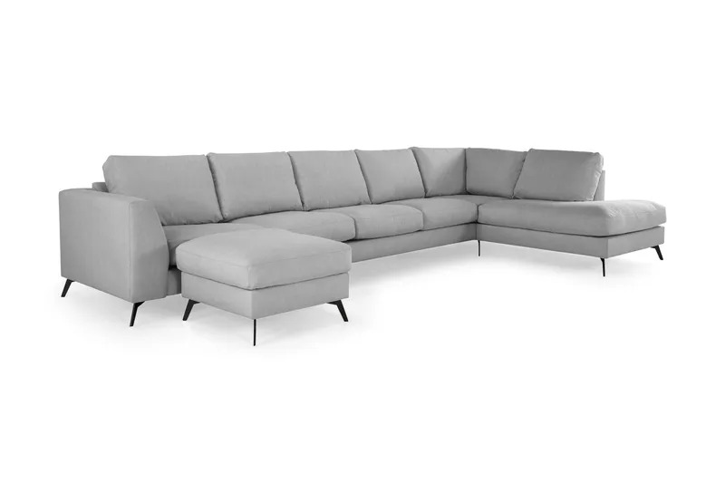Ocean Lyx 6-seters Høyrevendt U-formet Sofa med Divan og Sjeselong + Fotskammel i Stoff - Grå - Møbler - Sofaer - U-sofa