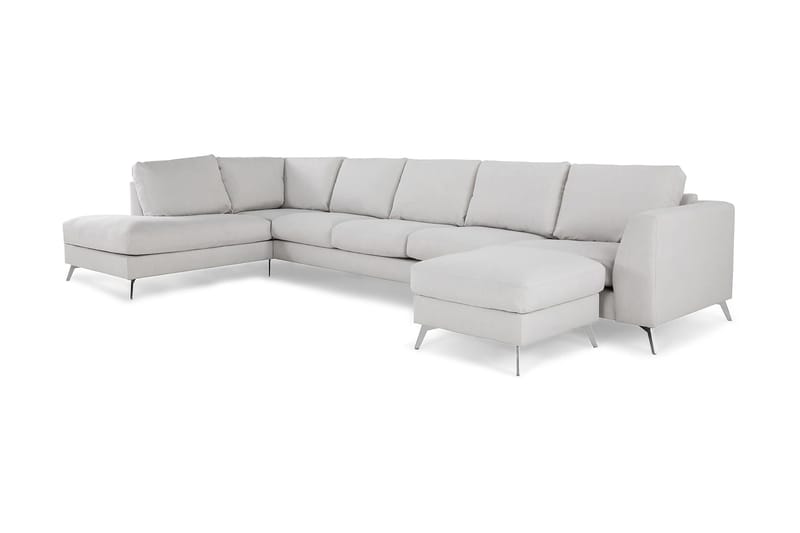 Ocean Lyx 6-seters Venstrevendt U-formet Sofa med Divan og Sjeselong + Fotskammel i Stoff - Lys grå - Møbler - Sofaer - U-sofa
