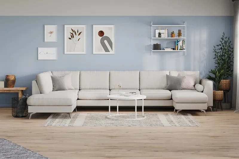 Ocean Lyx 6-seters Venstrevendt U-formet Sofa med Divan og Sjeselong + Fotskammel i Stoff - Lys grå - Møbler - Sofaer - U-sofa