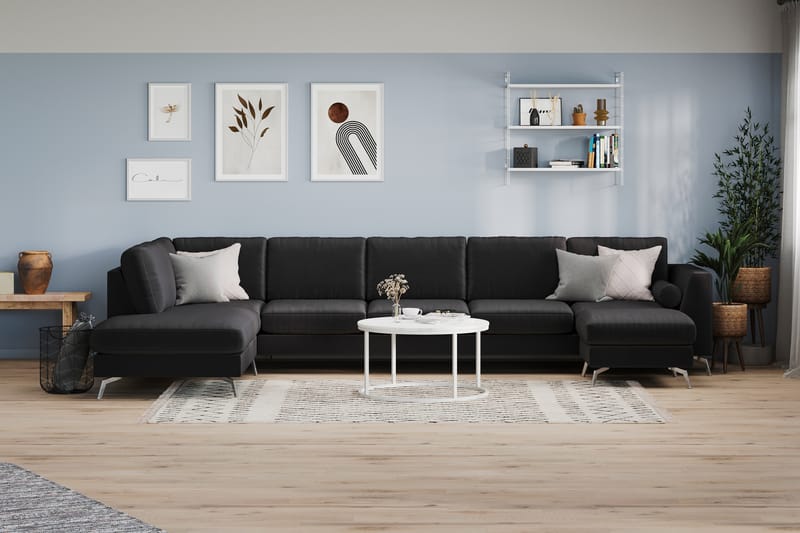 Ocean Lyx 6-seters Venstrevendt U-formet Sofa med Divan og Sjeselong + Fotskammel i Stoff - Svart - Møbler - Sofaer - U-sofa