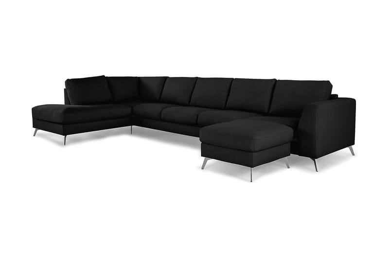 Ocean Lyx 6-seters Venstrevendt U-formet Sofa med Divan og Sjeselong + Fotskammel i Stoff - Svart - Møbler - Sofaer - U-sofa