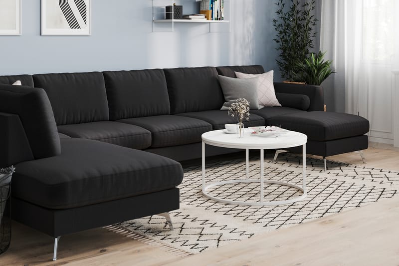 Ocean Lyx 6-seters Venstrevendt U-formet Sofa med Divan og Sjeselong + Fotskammel i Stoff - Svart - Møbler - Sofaer - U-sofa