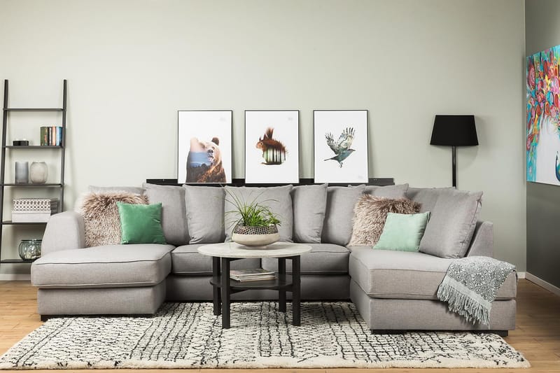 Optus 4-seters Høyrevendt U-formet Sofa med Divan og Sjeselong i Stoff inkl. Pynteputer - Lys grå - Møbler - Sofaer - U-sofa