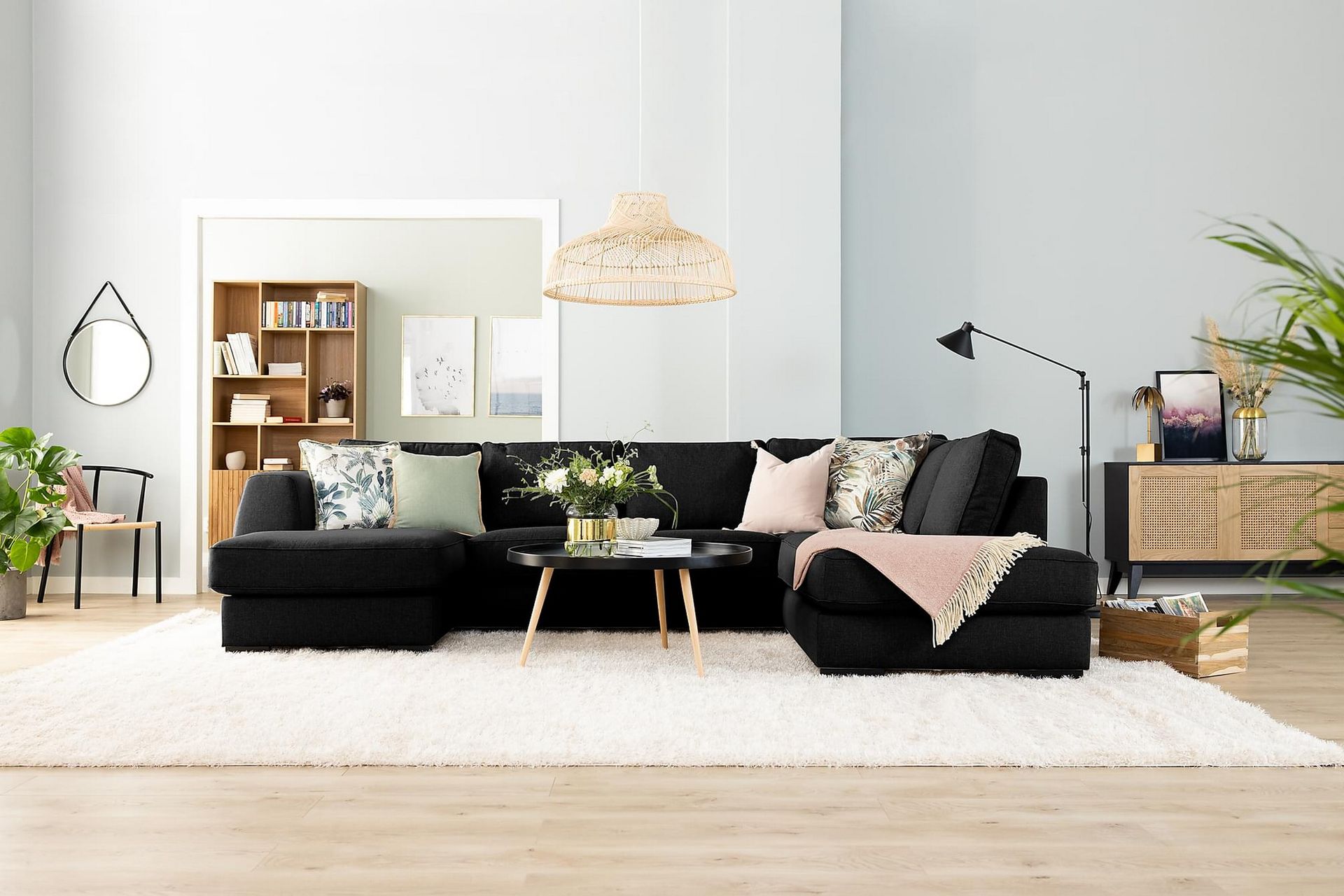 Optus 6-seters Høyrevendt U-formet Large Sofa med Divan og Sjeselong i Stoff - Svart - Møbler - Sofaer - U-sofa