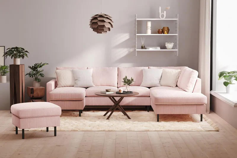 Peppe 4-seters Høyrevendt U-formet Sofa med Divan og Sjeselong i Manchester - Rosa - Møbler - Sofaer - U-sofa