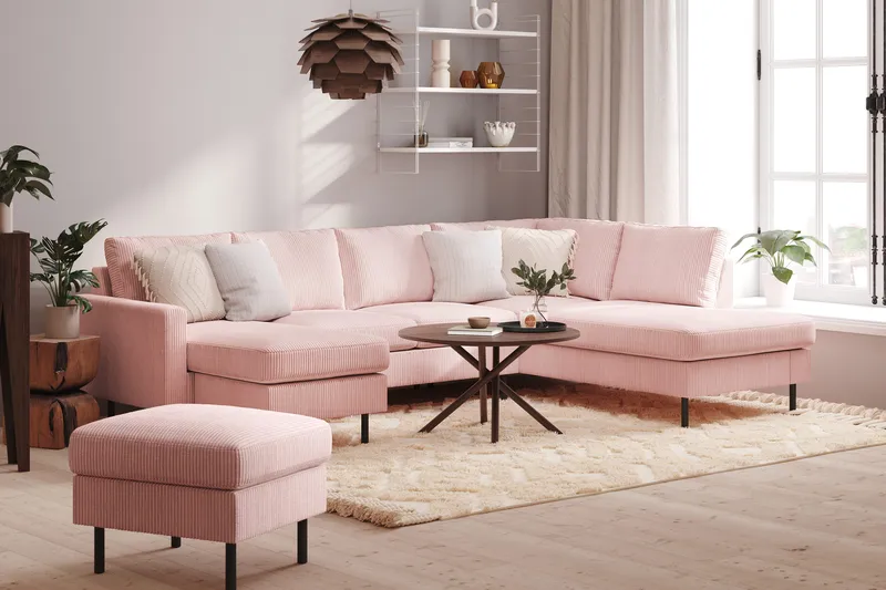 Peppe 4-seters Høyrevendt U-formet Sofa med Divan og Sjeselong i Manchester - Rosa - Møbler - Sofaer - U-sofa