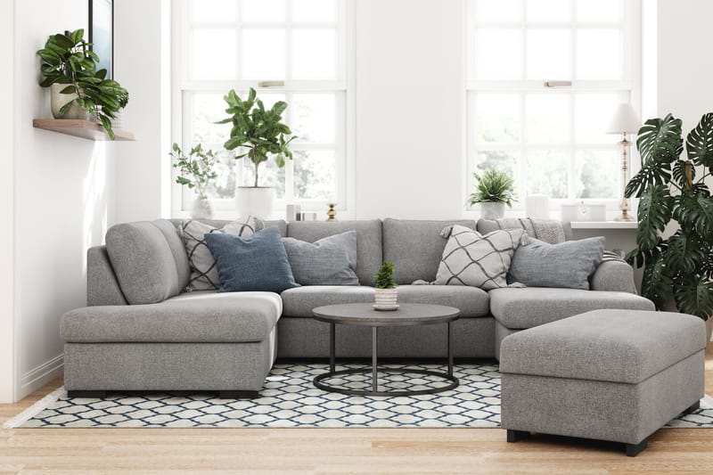 Porto 4-seters Venstrevendt U-formet Sofa med Divan og Sjeselong + Fotskammel i Stoff - Grå - Møbler - Sofaer - U-sofa