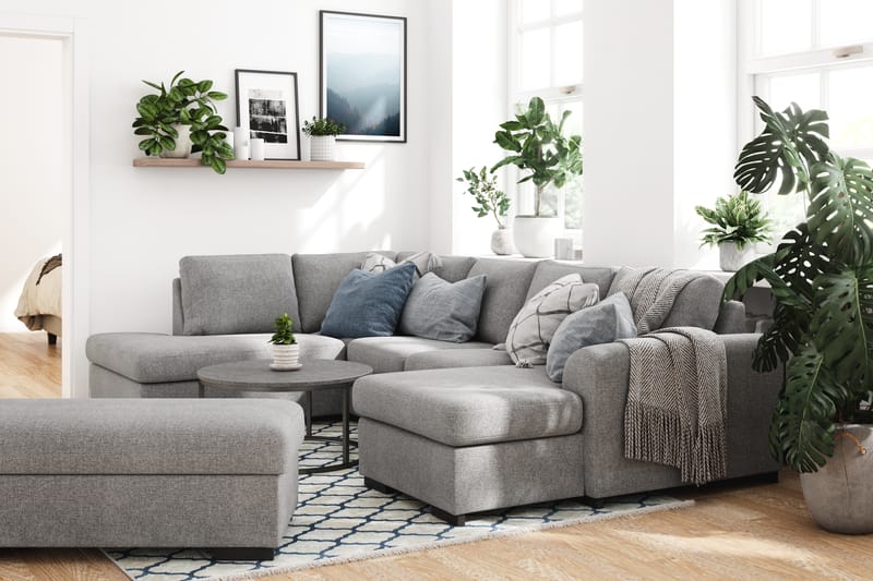 Porto 4-seters Venstrevendt U-formet Sofa med Divan og Sjeselong + Fotskammel i Stoff - Grå - Møbler - Sofaer - U-sofa