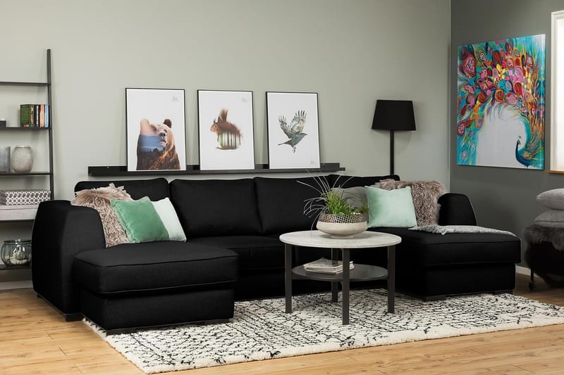 U-sofa Ontario med Dobbeldivan - Svart - U-sofa