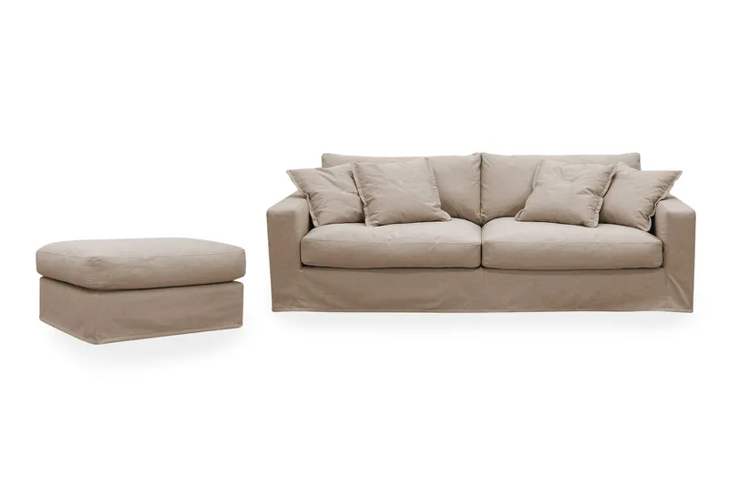 Valencia Extra Dyp 3-seters sofa + fotskammel med avtakbart og vaskbart trekk, Lysebrun