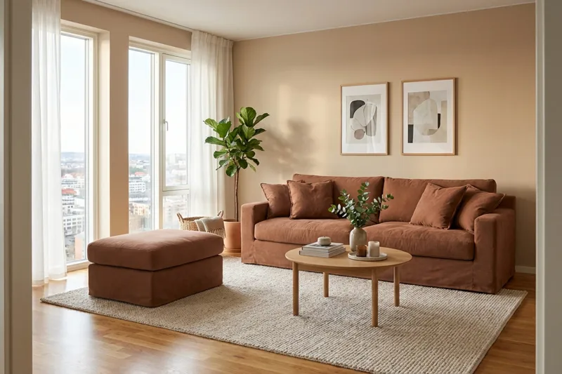 Valencia Extra Dyp 3-seters sofa + fotskammel med avtakbart og vaskbart trekk - Rustrødbrun - Møbler - Sofaer