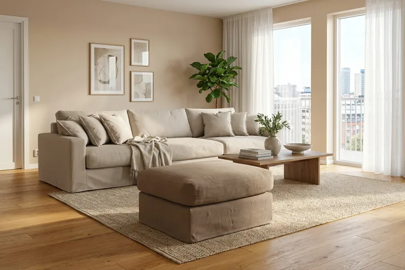 Valencia Extra Dyp 5-seters sofa + fotskammel med avtakbart og vaskbart trekk - Lysebrun - Møbler - Sofaer
