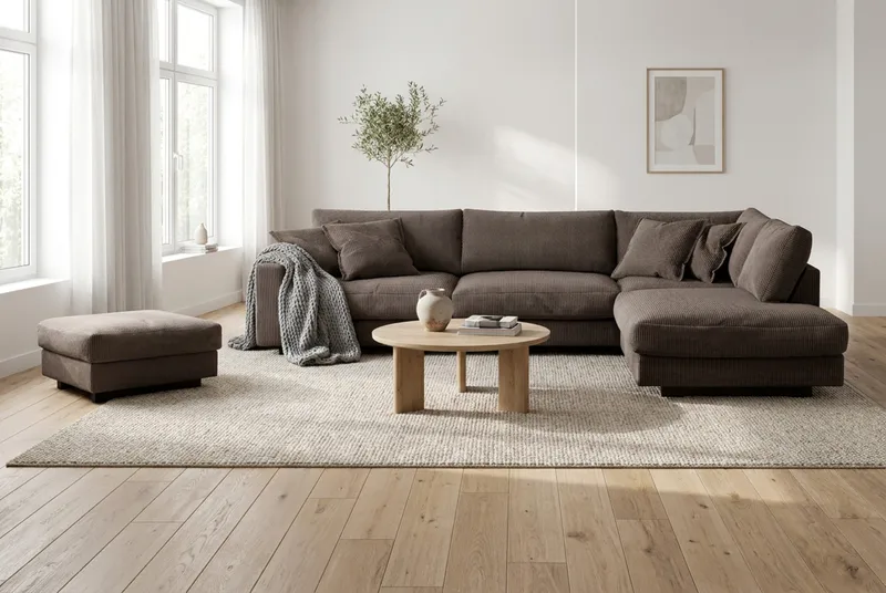 Valencia Sofagruppe Ekstra Dyp 4-seters Sjeselong Høyre + Fotskammel - Taupe - Møbler - Sofaer - Sofagrupper