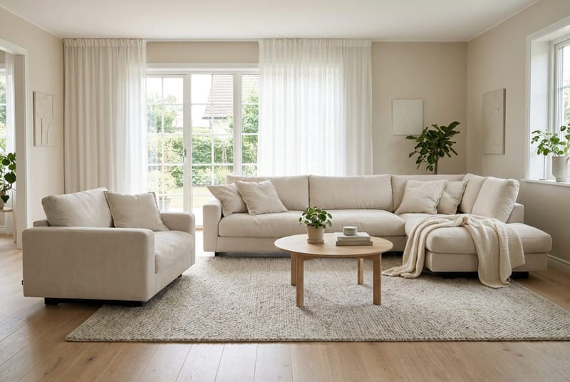 Valencia Sofagruppe Ekstra Dyp 4-seters Sjeselong Høyre + Lenestol - Beige - Møbler - Sofaer - Sofagrupper