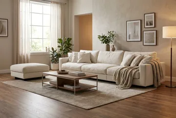 Valencia sofagruppe ekstra dyp 5-seters sofa + fotskammel i chenille - Beige - Møbler - Sofaer - Hjørnesofaer