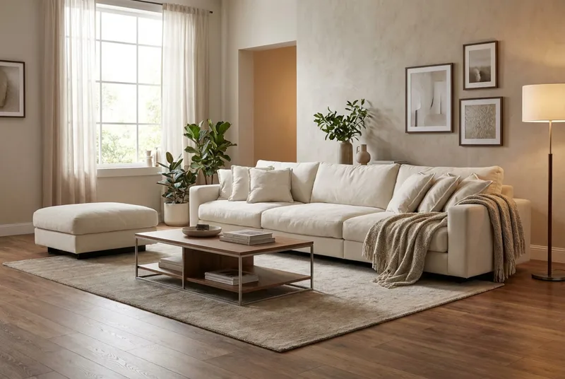 Valencia sofagruppe ekstra dyp 5-seters sofa + fotskammel i chenille - Beige - Møbler - Sofaer - Hjørnesofaer